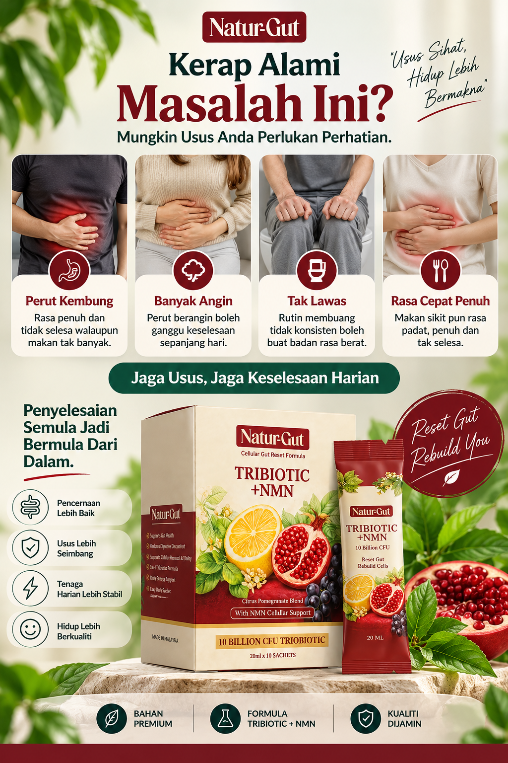 Masalah usus seperti kembung angin tak lawas dan cepat penuh